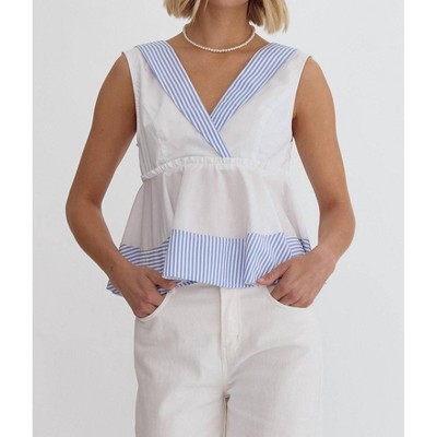 Women's Striped Sailor V-neck Peplum Top - entro