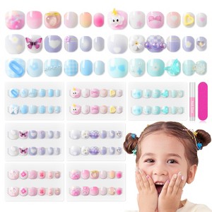 Saviland Kids 7-Pack Press-On Nails Kit - 84PCS Pre-Glued Child-Safe Short Nails with Glitter Designs for Girls 5-9 Years.(Holiday Gift Set) - 1 of 4