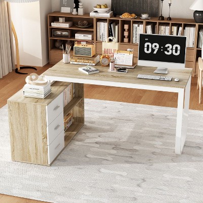 FUFU&GAGA Adjustable L Shaped Study Table Storage Drawers