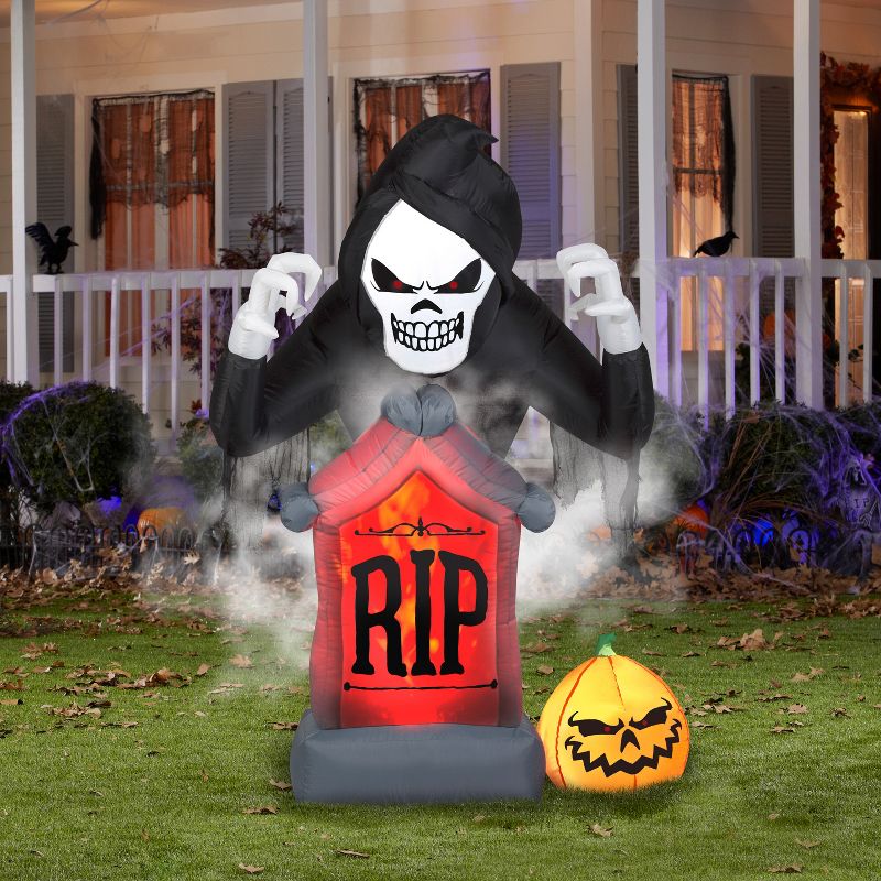 Gemmy Animated Projection Airblown Inflatable Fog Effect Fire & Ice Shaking Reaper w/ Tombstone and Pumpkin, 6 ft Tall, 2 of 4