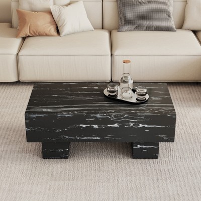 Damerin Modern Marble Texture MDF Rectangular Coffee Table Easy Assembly-Black