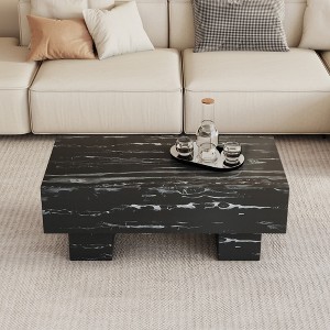 Damerin Modern Marble Texture MDF Rectangular Coffee Table Easy Assembly-Black - 1 of 4