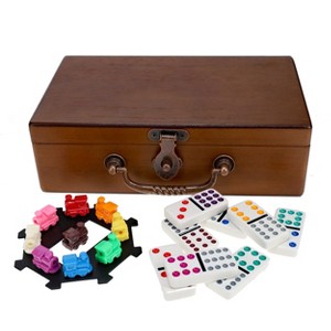 WE Games Mexican Train Dominoes with Wooden Treasure Box - White Tiles with Colored Pips - Thick Size - 1 of 4