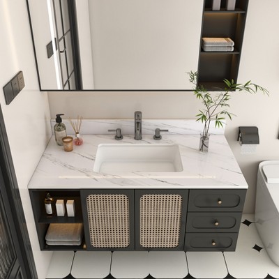 Marble Vanity Top, Bathroom Vanity Top w/ Undermounted Ceramic Sink, Backsplash&Pre-drilled Faucet Holes, Single Sink Basin Vanity Top