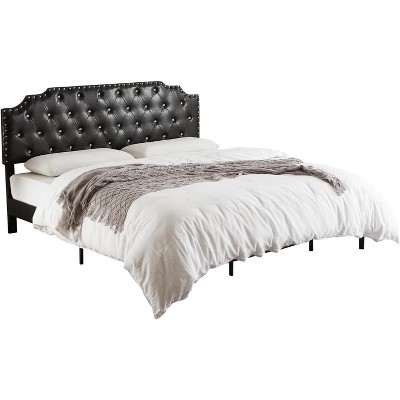Modern Black Upholstered Bed Frame King Size, Platform Bed Frame with Headboard, Button Tufted Diamond Decor, 6'' Underbed Space,Wooden Slat Support