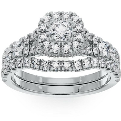 Pompeii3 1 1/4Ct Cushion Halo Diamond Engagement Wedding Ring Set in White or Yellow Gold - Size 5