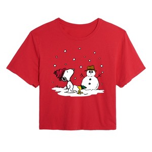 Women's - Peanuts - Snoopy Woodstock Snowman Cropped Graphic T-Shirt - 1 of 4