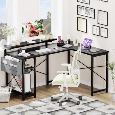 54 inch Reversible L Shaped Desk, Small Gaming Desk, Corner Computer Desk with Storage Shelves, Power Outlets