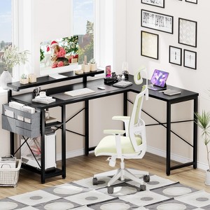 54 inch Reversible L Shaped Desk, Small Gaming Desk, Corner Computer Desk with Storage Shelves, Power Outlets - 1 of 4