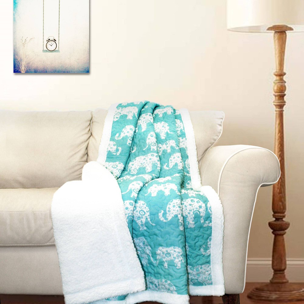 Photos - Duvet 50"x60" Single Kids' Elephant Parade Faux Shearling Throw Aqua - Lush Déco