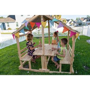 Funphix Kids Klubhouse Wooden Playhouse Outdoor Indoor, DIY Backyard Playhouse with Table & Benches