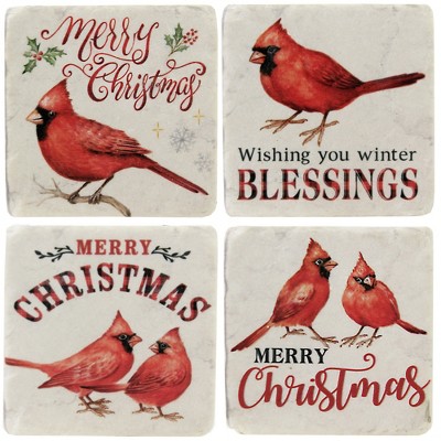 Tabletop 3.75" Cardinal Text Coaster Set Christmas Red Birds Ganz  -  Coasters