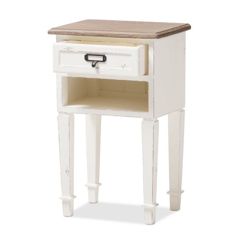 Dauphine 1 Drawer Provincial Style Oak and Distressed Finish Wood Nightstand White - Baxton Studio, 3 of 10