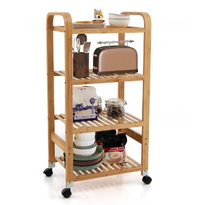 Costway 4-Tier Kitchen Serving Trolley Cart Mobile Bamboo Storage Shelf Lockable Casters - 1 of 4