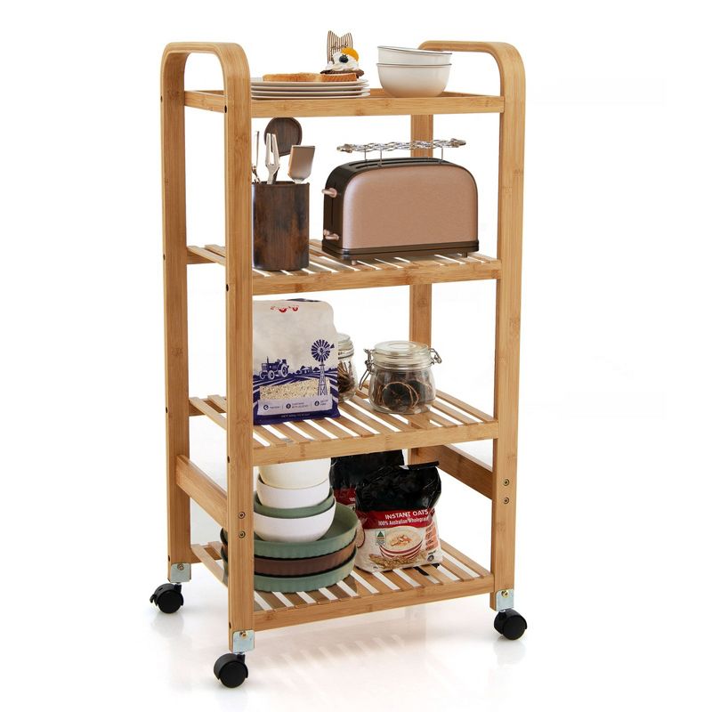 Costway 4-Tier Kitchen Serving Trolley Cart Mobile Bamboo Storage Shelf Lockable Casters, 1 of 11