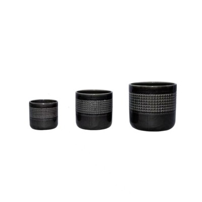 VisioGear 3PCS Ceramic Flowerpot, Modern Planter for Patio, Garden, Windowsill, Black, 9.65"*9.65"*9.26"