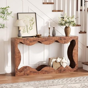 Farmhouse Console Table for Entryway, Slim Wood Scalloped Sofa Table Behind Couch with Storage Shelf, Rustic Hallway Furniture for Living Room brown - 1 of 4