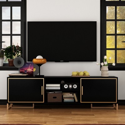 FUFU&GAGA Black Gold Luxury TV Console, Double-layer Large Capacity Storage, Solid Metal Legs Design, Enhance the Living Room Style