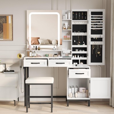 White Vanity Desk with HD LED Mirror, Large Jewelry Cabinet & Charging Station, 3 Lighting Modes