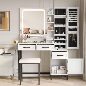 White Vanity Desk with HD LED Mirror, Large Jewelry Cabinet & Charging Station, 3 Lighting Modes - 1 of 4