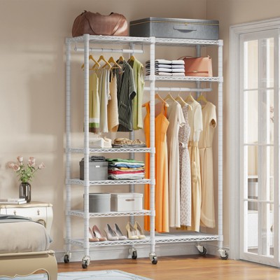 White Heavy Duty Rolling Garment Rack with Adjustable Shelves