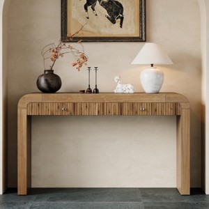 Rustic Entryway Console Table with Drawers, Wood Grain Finish Hallway Table with Fluted Drawer Front, Curved Corners - Panipeachy - 1 of 4