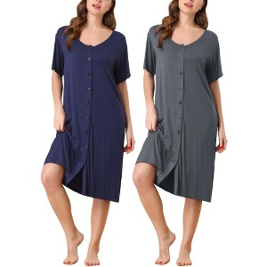 cheibear Women's Short Sleeve Button Down Midi Pajama Dress 2 Packs - 1 of 4