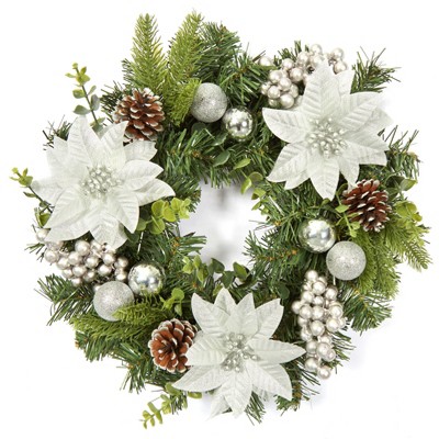 Christmas Wreath, Artificial Christmas  Wreaths, Xmas Wreath with Pine Cone and Berries, Xmas Decorations for Windows, Wall, Mantel,  Front Door