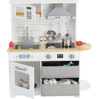 Wooden Play Kitchen for Kids with Real Lights & Sounds - Pretend Cooking Toy for Toddlers & Boys Age 3+