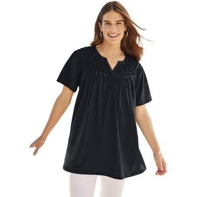 Woman Within Plus Size Smocked Split Neck Tunic