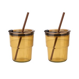 Itopfox Reusable Glass Tumbler with Straw and Lid, 2 Pack Travel Coffee Cup for Iced Tea, Office, Camping, Outdoor Use, Party, Gift, Amber - 1 of 4