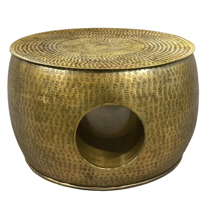 The Urban Port 23" Coffee Table Low Round Drum Shape with Unique Hollow Center Antique Brass Aluminum Brass