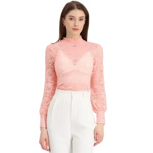 INSPIRE CHIC Women's See-Through Stretch Smocked High-Neck Long-Sleeve Lace Floral Blouse - 1 of 4
