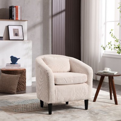 CAVINAS Mid-Century Modern Accent Barrel Chair with Corduroy Upholstery and Wooden Legs, Comfy Single Armchair with Thick Cushions and Pillow
