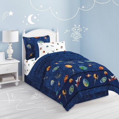 Full Blue Microfiber Reversible Outer Space Bed in a Bag Set