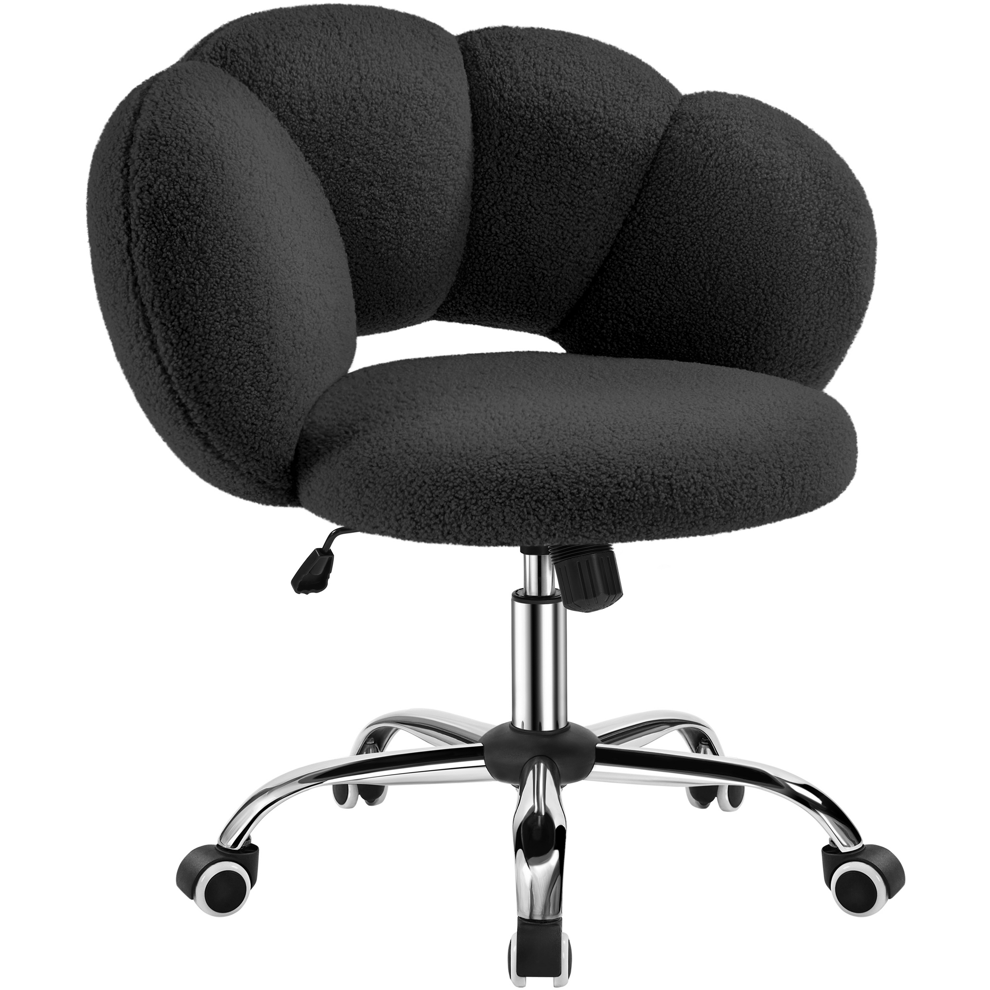 Yaheetech Boucle Upholstered Rolling Vanity Chair, Cloud Shaped Back Height Adjustable Makeup Desk Chair for Bedroom Home Office, Black