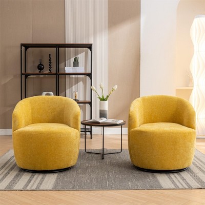 25.60"Chenille Fabric 360° Swivel Accent Armchair Barrel Chair With Black Powder Coating Metal Ring,Yellow