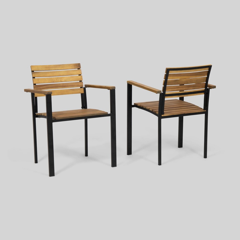 2pk Laris Wood & Iron Patio Dining Chair Teak - Christopher Knight Home: Weather-Resistant, Acacia Slats
