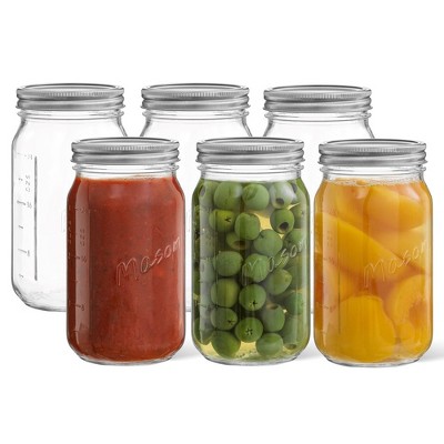 Wide Mason Jars with Airtight Lids, Labels and Measures - 32 oz - Set of 6