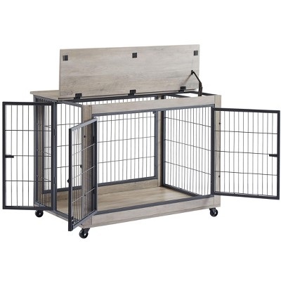 NicBex 38.58Inch Dog Crate Furniture with Flip-up Top Wooden Dog Crate Table with 2 Iron Doors and Wheels,Heavy Duty Indoor Puppy Kennel,Grey