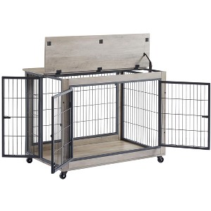 NicBex 38.58Inch Dog Crate Furniture with Flip-up Top Wooden Dog Crate Table with 2 Iron Doors and Wheels,Heavy Duty Indoor Puppy Kennel,Grey - 1 of 4