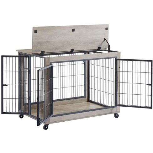 NicBex 38.58Inch Dog Crate Furniture with Flip-up Top Wooden Dog Crate Table with 2 Iron Doors and Wheels,Heavy Duty Indoor Puppy Kennel,Grey - image 1 of 4