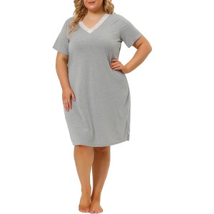 Agnes Orinda Women's Plus Size Solid Comfort Lace V Neck Short Sleeves Midi Knit Nightgowns - 1 of 4