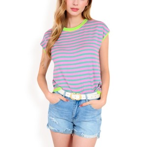 Anna-Kaci Women's Striped Knit Cap Sleeve Top with Contrast Trim - 1 of 4
