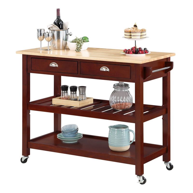 American Heritage 3 Tier Butcher Block Kitchen Cart with Drawers Mahogany - Breighton Home, 3 of 11