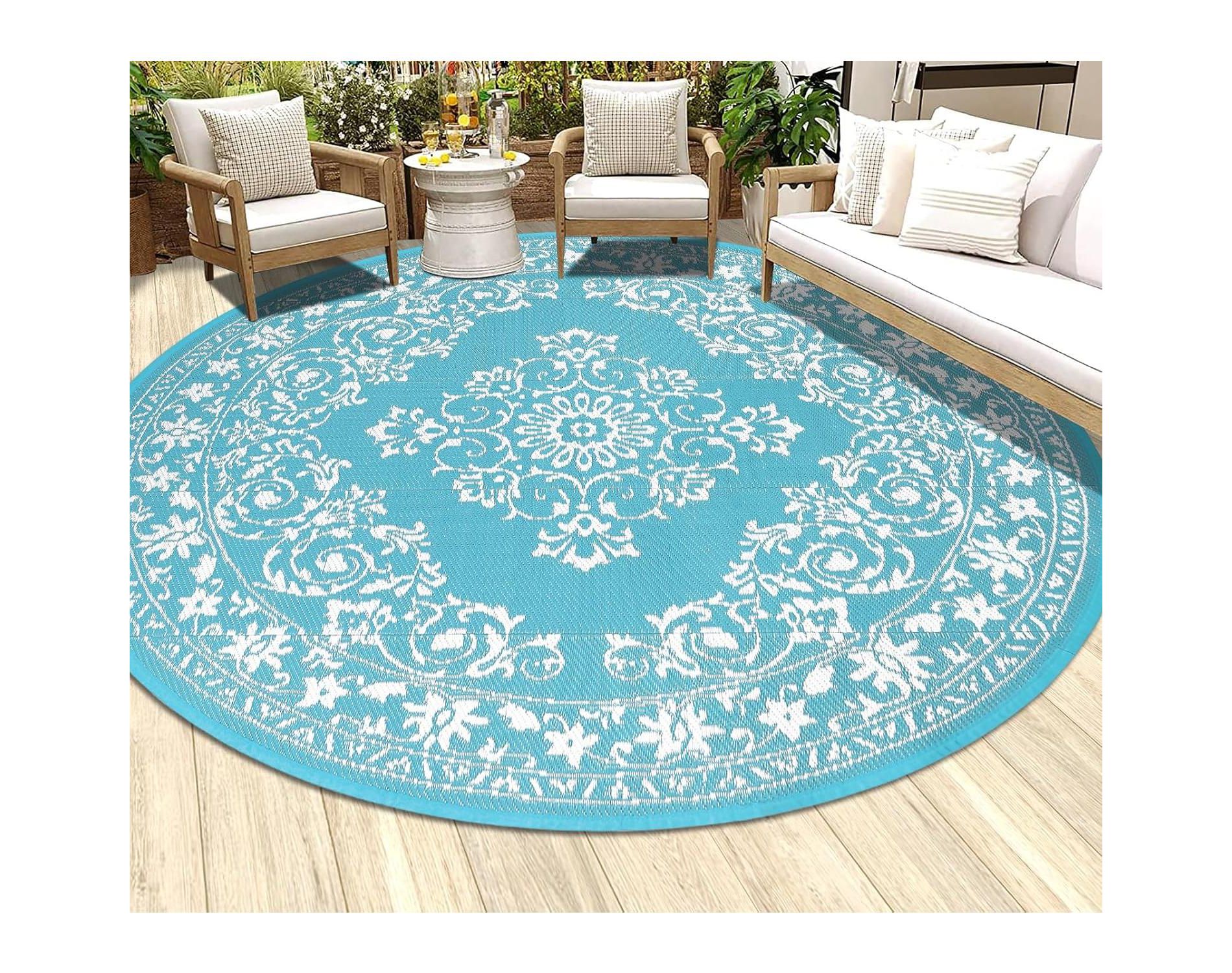 HEBE Round Outdoor Area Rug for Patios Clearance 6' Round Waterproof Mat Reversible Plastic Camping
