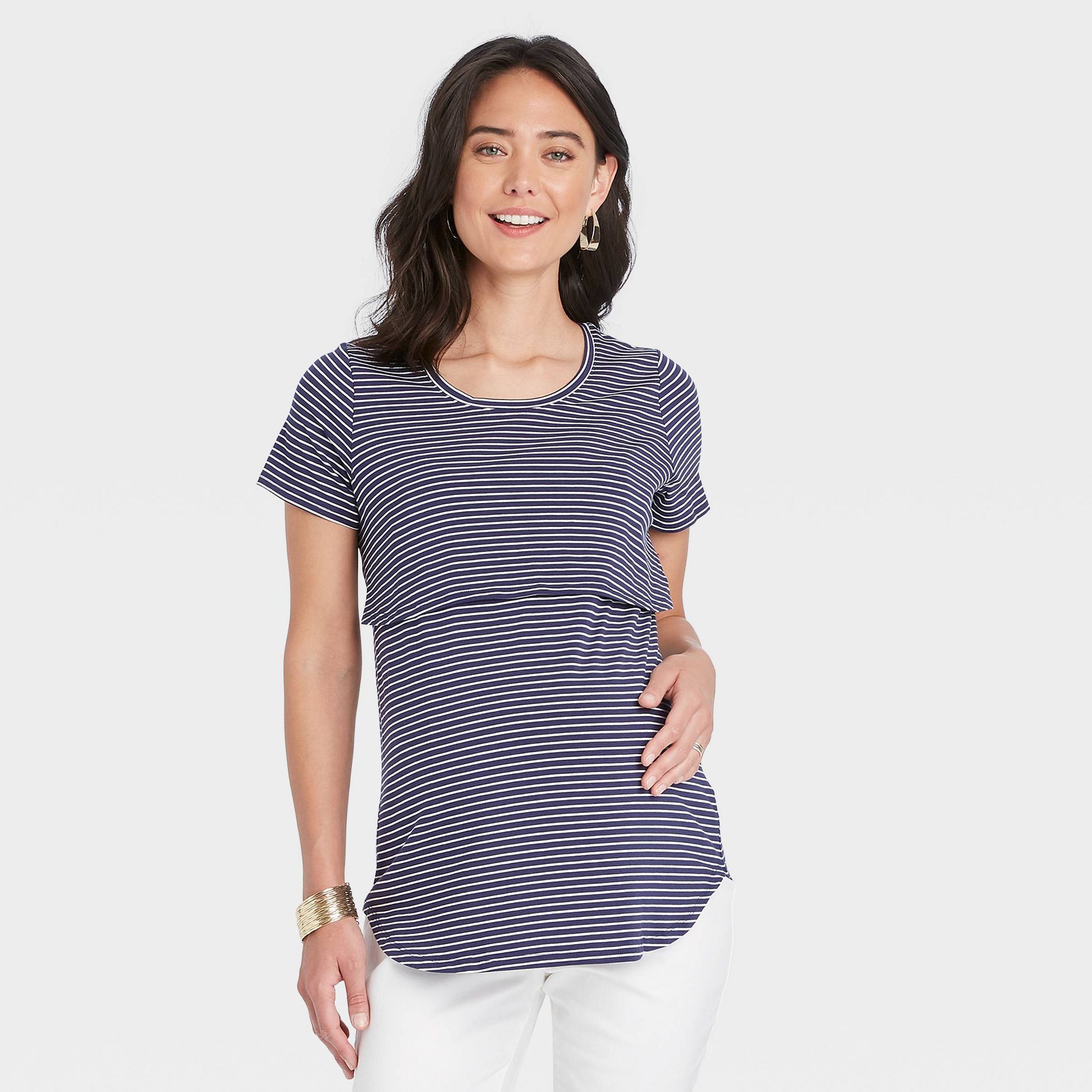 Short Sleeve Nursing Maternity T-Shirt - Isabel Maternity by Ingrid & Isabel™ Navy Striped M: Pullover Crew Neck