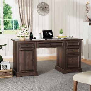 Vipbear 60" Rustic Executive Desk,Wood Computer Office Desk with Drawers & Cabinet, Large Capacity Home Office Desk Workstation for Home,Study,Work - 1 of 4