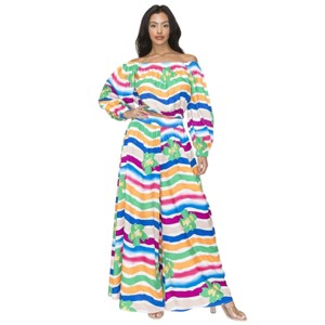 Slickblue Women's Off-Shoulder Top and Wide Pants Set, Multi-Colored Print, Lightweight Polyester, Size S-1XL - 1 of 4
