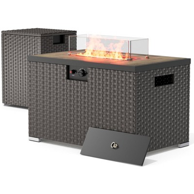 BDELITE Rectangle Outdoor Fire Pit Table with 40,000 BTU Output with Windshield, Glass Stones, Waterproof Cover-31.5*19.7*19.3 Inch, Brown